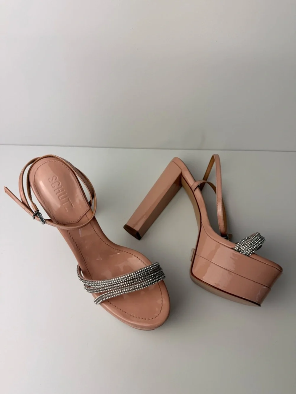 Schutz Piper Platform Heels 7.5B Sweet Rose Pink‎ Rhinestone Strappy Sandals